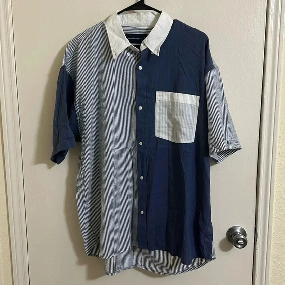 EUC Abercrombie & Fitch Oversized Striped Colorblock Poplin Button Up Shirt XL - Picture 1 of 3